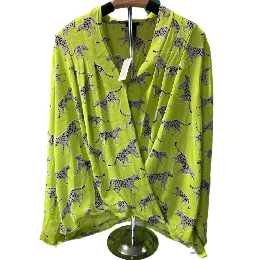 Ann Taylor Neon Green Cheetah Print Wrap Blouse - Picture 1 of 4